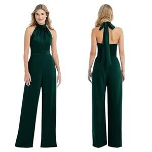After Six Halter Neck Satin Charmeuse Crepe Jumpsuit Evergreen Women’s 2 Holiday